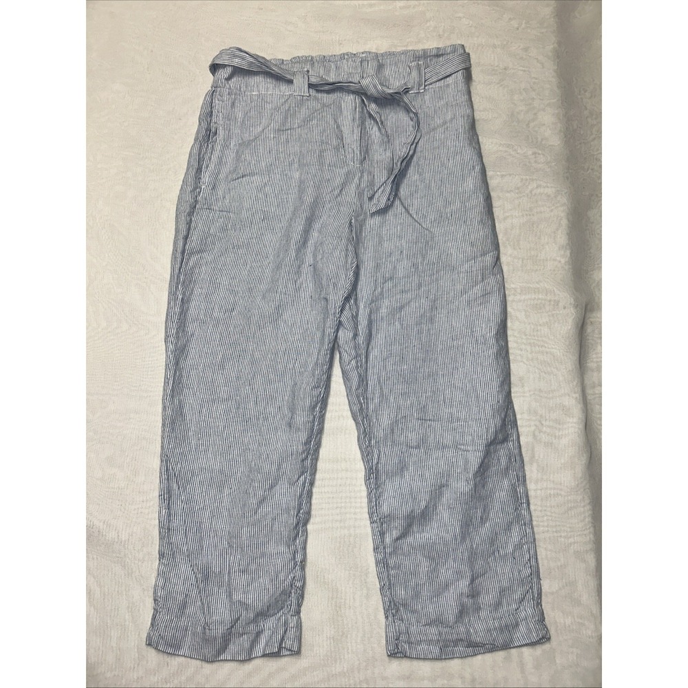 Chicos Linen Crop Belted Pants Size 1.5 US 10 Blue White Stripe Straight Leg